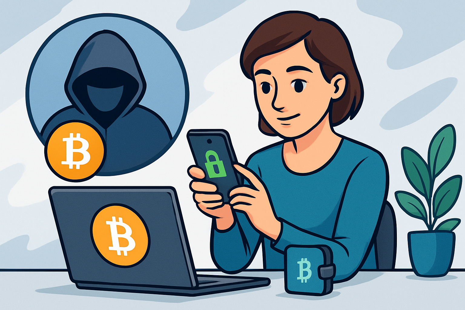 Anonymes Bitcoin Wallet auf Smartphone mit Datenschutz-Symbol