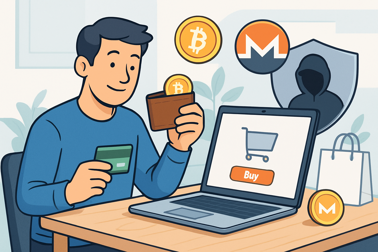 Smartphone mit Krypto-Wallet und Einkaufswagen-Symbol, illustriert anonymes Online-Shopping mit Kryptowährungen