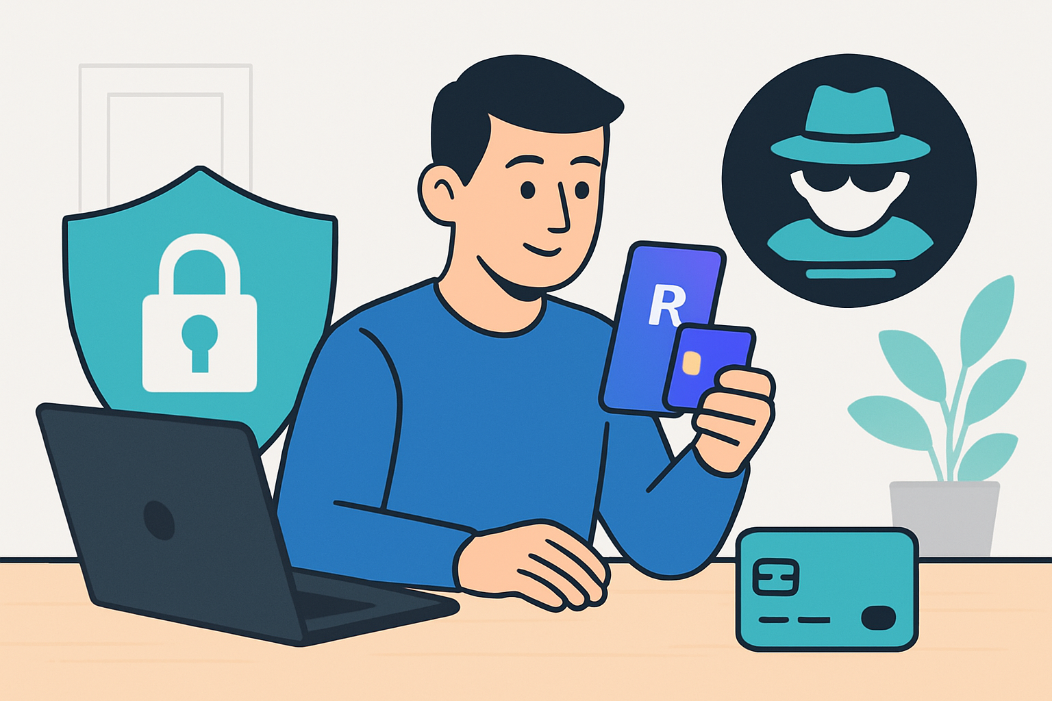 Smartphone mit Revolut App und Datenschutz-Symbolen